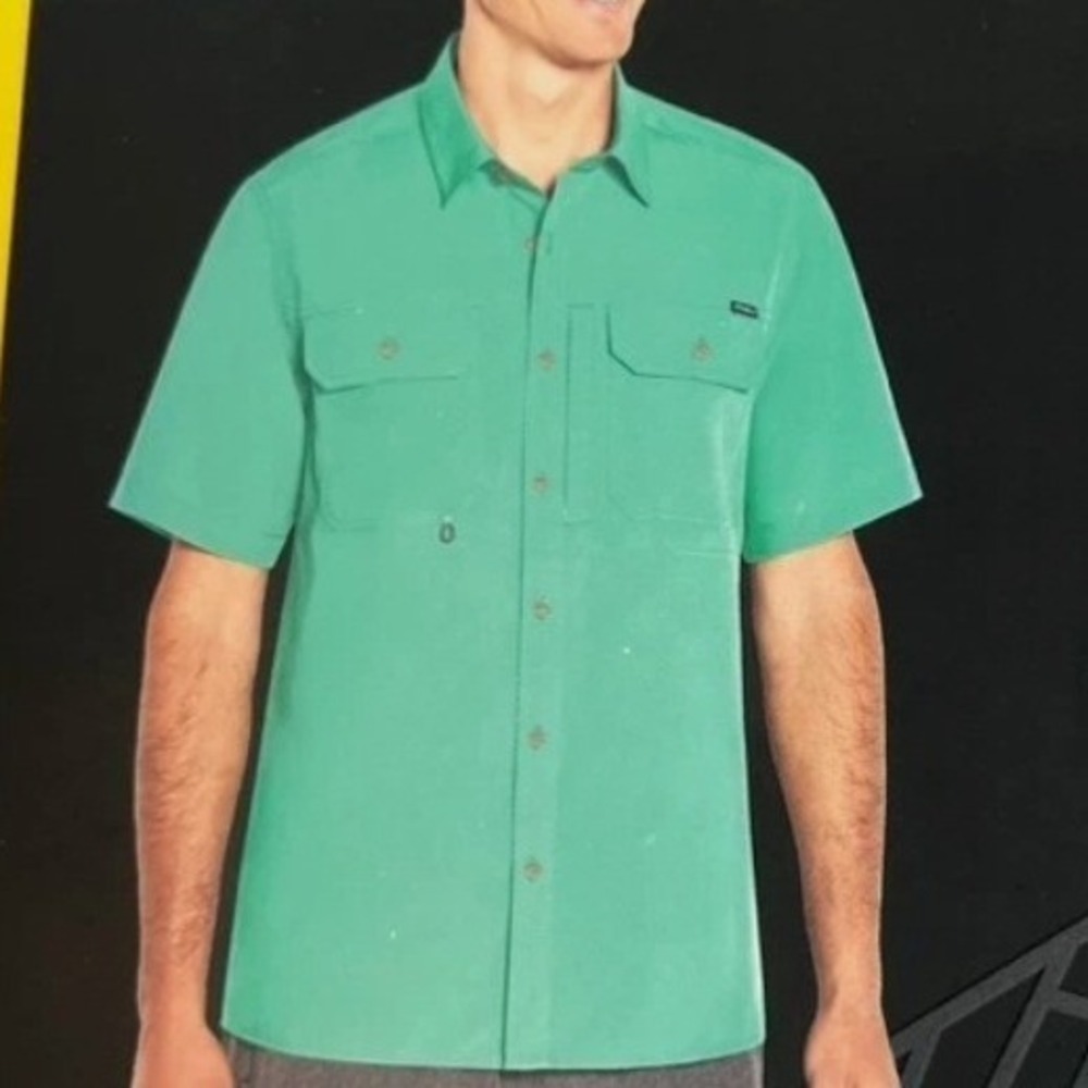 Eddie Bauer Woven Tech Shirt Mens Medium Teal Green Short Sleeve UPF 50 Vent New - Picture 2 of 2